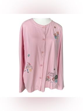 Pink Embroidered Vintage Cardigan Cottagecore Floral Garden Knit Soft Large